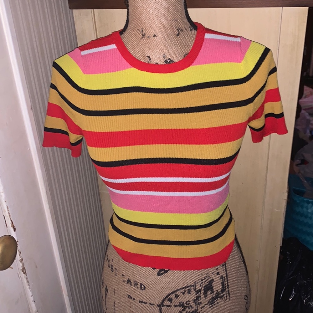 Zara striped multicolor cropped shirt worn by felicity Smoak arrow Elena Gilbert